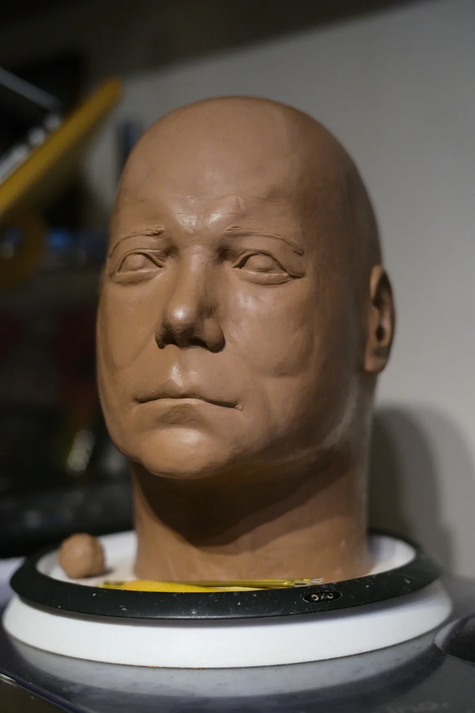 Dark Labs Kirk clay sculpt from a three-quarter angle showing right eye and cheek refinements